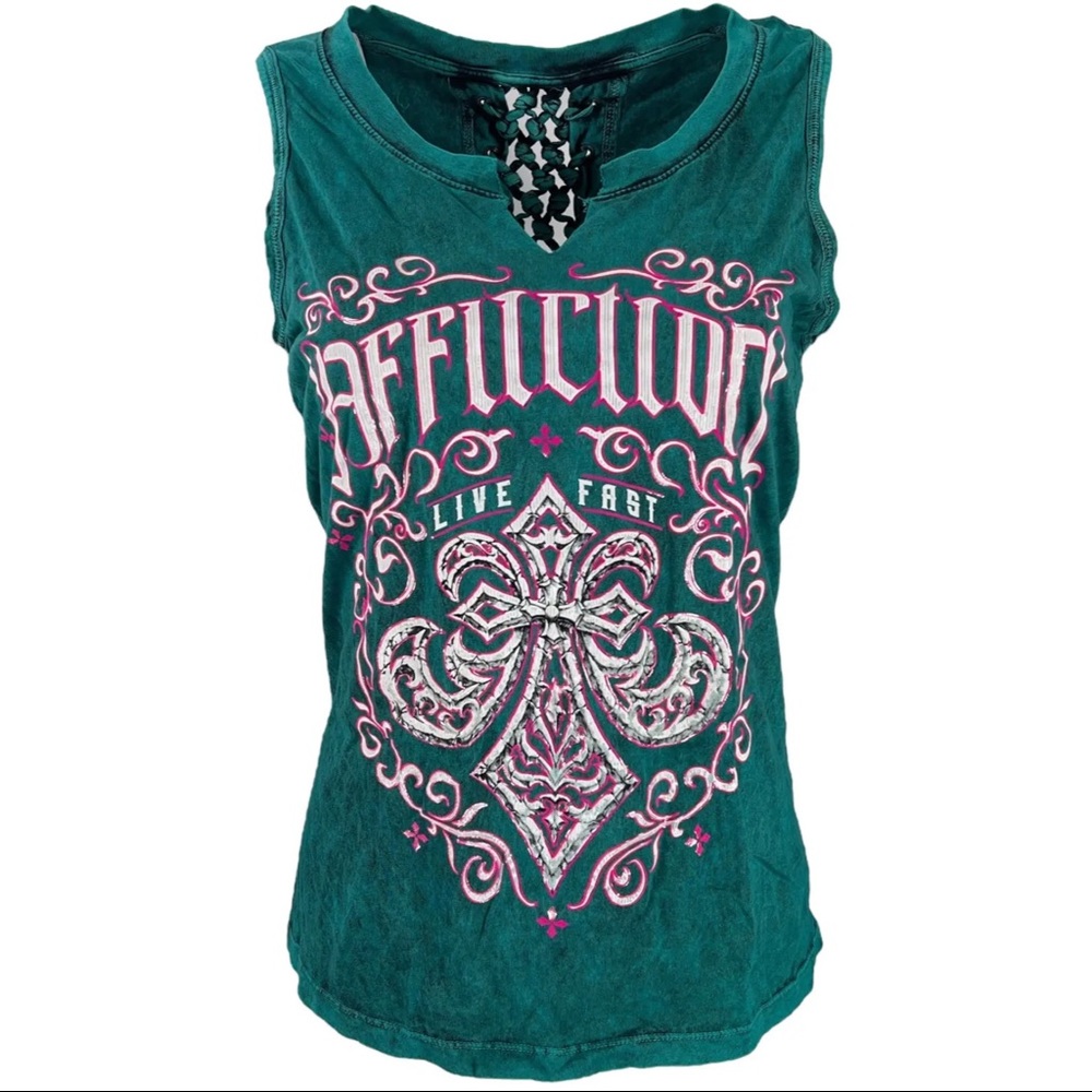 Affliction Women's T-Shirt Winter Epitaph Black Biker Tattoo - Picture 2 of 9